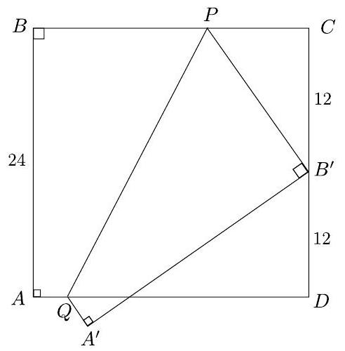 The same square ABCD with points P and Q, and additional points A' and B' shown after folding, with several right angles and side lengths 12 marked.