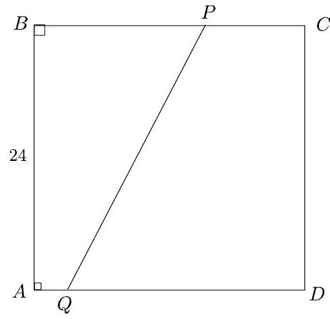 A square labeled ABCD with side length 24, and points P and Q marked on sides BC and DA, respectively, with segment PQ drawn.