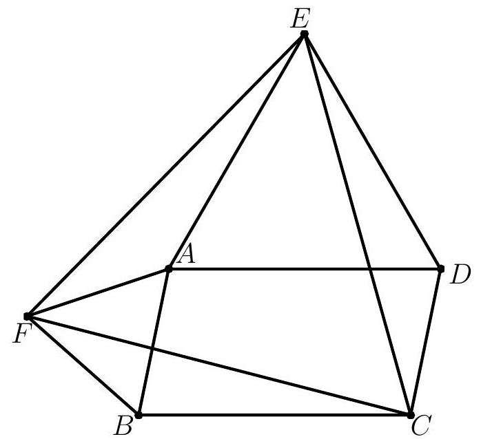 A parallelogram ABCD with two equilateral triangles ABF and ADE constructed externally, and points F, C, E highlighted.