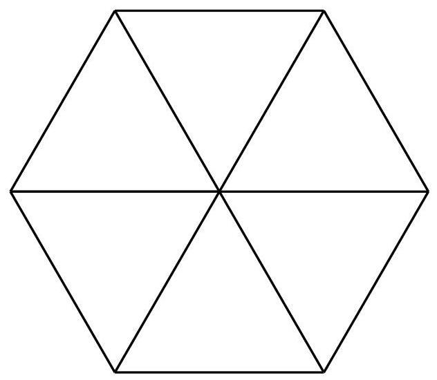 A hexagon divided into six equilateral triangles by lines connecting the center to the vertices.
