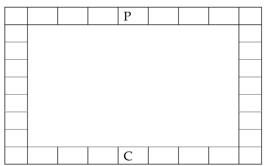 A rectangular game board with labeled squares; one square is marked 'P' for PARTIDA (start) and another is marked 'C' for CHEGADA (finish).