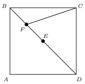 A square ABCD with diagonal BD drawn. Points E and F are marked on BD and BE, respectively, indicating midpoints.