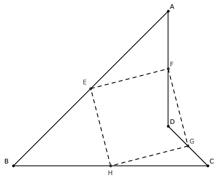 A non-convex quadrilateral ABCD with points E, F, G, and H marked as the midpoints of its sides, and the quadrilateral EFGH drawn with dashed lines.