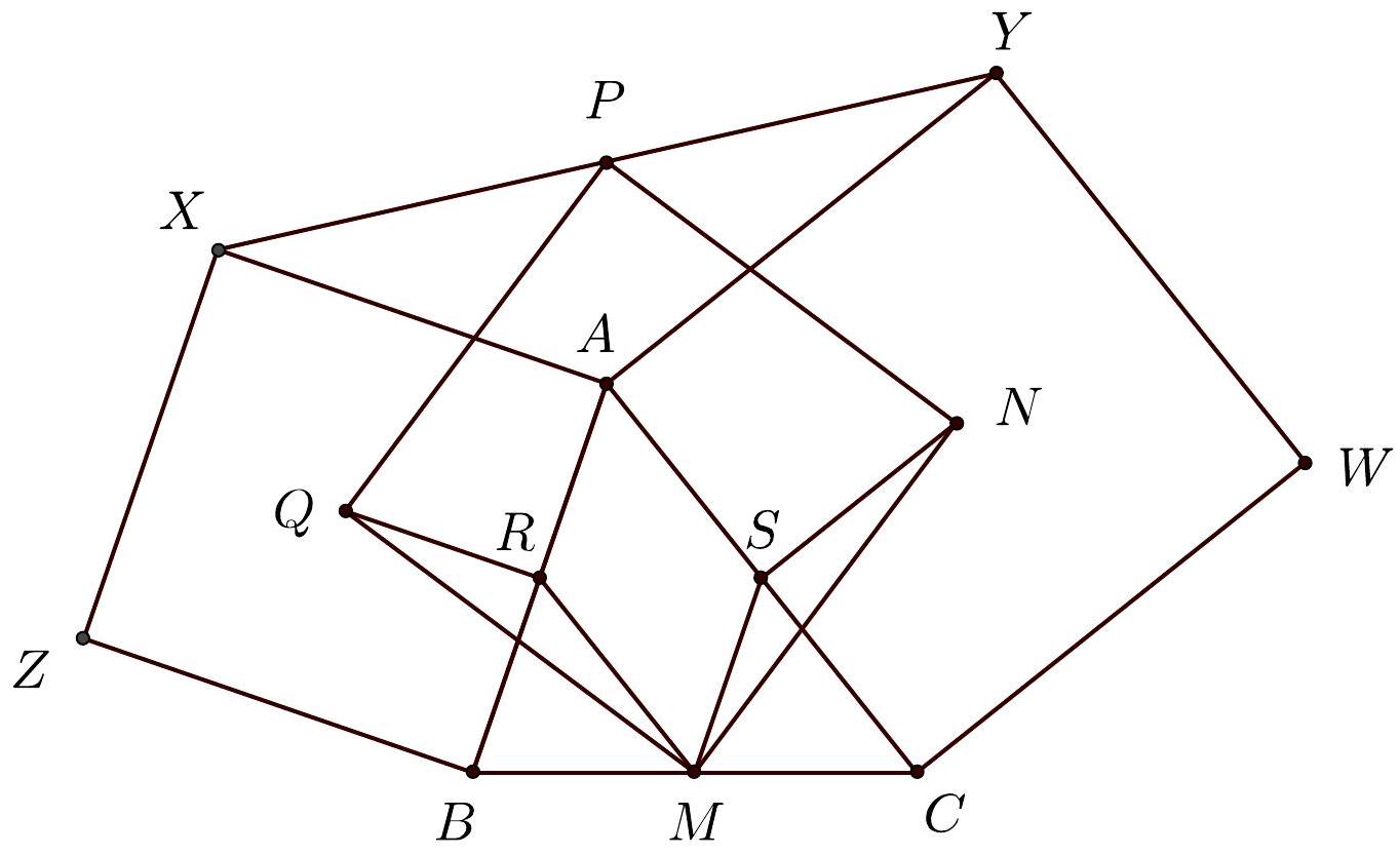 A geometric diagram showing triangle ABC with squares constructed externally on sides AB and AC. Points X, Y, Z, W are vertices of the squares, and points M, P, Q, N, R, S are marked as described in the problem.