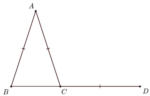 A geometric diagram showing points B, C, and D collinear with C between B and D, and point A above the line such that AB = AC = CD.