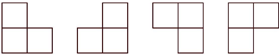 Four L-shaped trominoes in different orientations, each formed by three connected squares.