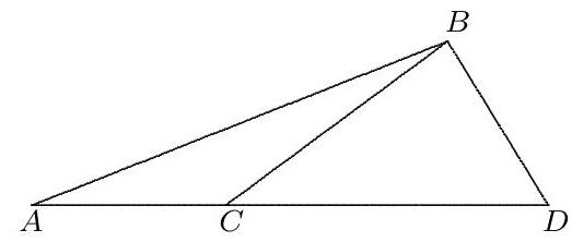 A quadrilateral ACDB with points A, C, D collinear and B above the line, showing triangles ABC and DBC sharing vertex B.