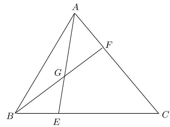 A triangle ABC with points F on AC, G on BF, and E on BC. Line AG intersects BC at E, and G is the midpoint of BF.