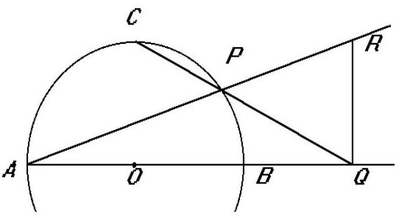 A circle with diameter AB and center O. Point C is on the circle such that OC is perpendicular to AB. Point P is on the smaller arc BC, and lines CP and AB intersect at Q. Point R is on AP such that RQ is perpendicular to AB. The figure shows all these points and lines.