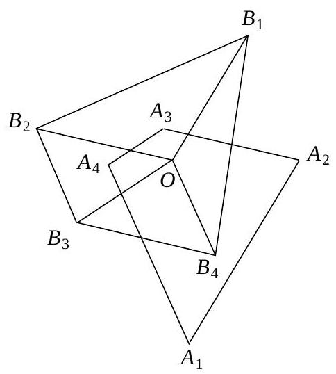A geometric diagram showing two quadrilaterals, A1A2A3A4 and B1B2B3B4, with O at the center. Each OB_i is parallel and equal to A_iA_{i+1}, and all points are labeled.
