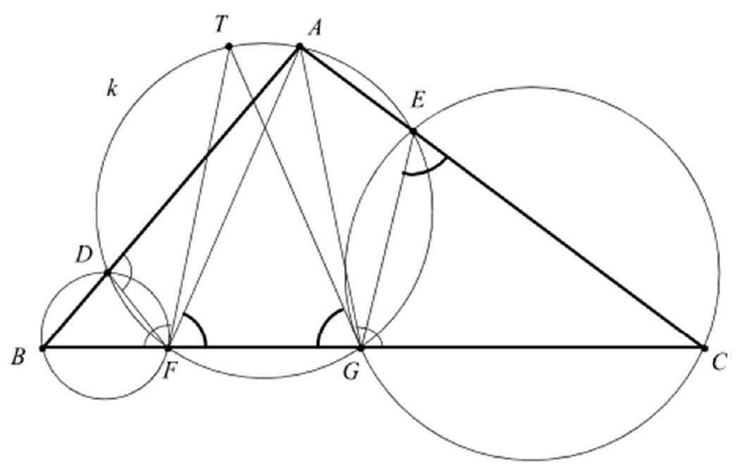 A geometric diagram showing triangle ABC with a circle k passing through A and intersecting sides AB at D, AC at E, and BC at F and G. Tangents and additional circles through points BDF and CEG are drawn, with intersection point T marked.