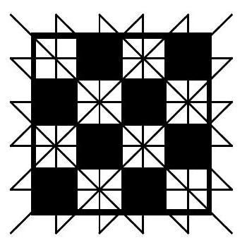 A 4x4 chessboard with alternating black and white squares, with lines and arrows indicating all rows, columns, and diagonals relevant to the problem.