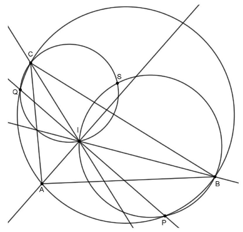 A geometric diagram showing triangle ABC with its incircle centered at I, the circumcircle of triangle ABC, points P and Q on the circumcircle, and point S as the intersection of two other circles through BIP and CIQ.