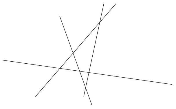 Four lines in general position intersecting to form several triangles, illustrating the problem scenario.