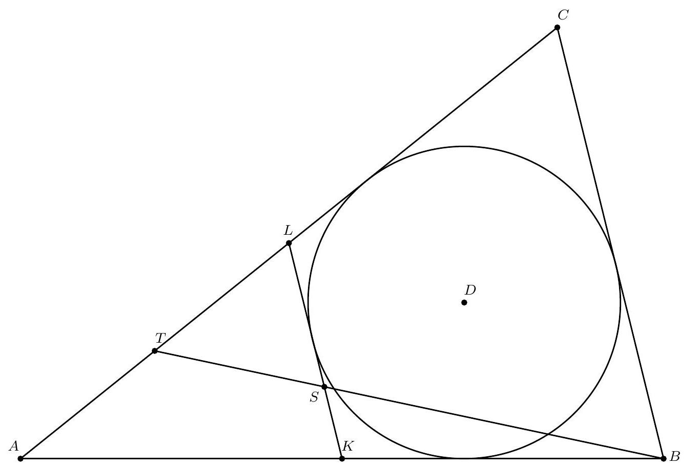 A triangle ABC with an inscribed circle tangent to all three sides. Points K and L are marked on AB and AC, respectively, with KL parallel to BC and tangent to the incircle. Point T is on AC, and lines BT and KL intersect at S.