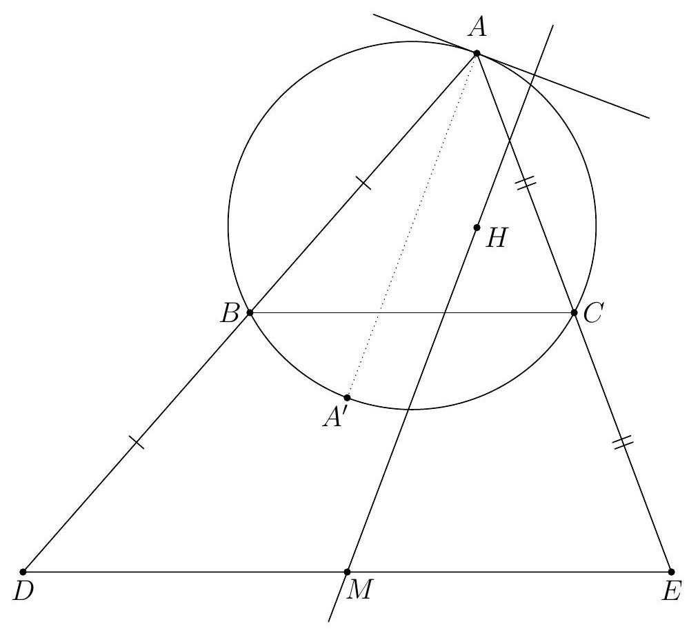 A geometric diagram showing triangle ABC with circumcircle, orthocenter H, the reflection points D and E of A over B and C, their midpoint M, and the reflection A' of H over the midpoint of BC. The tangent at A to the circle is also drawn.