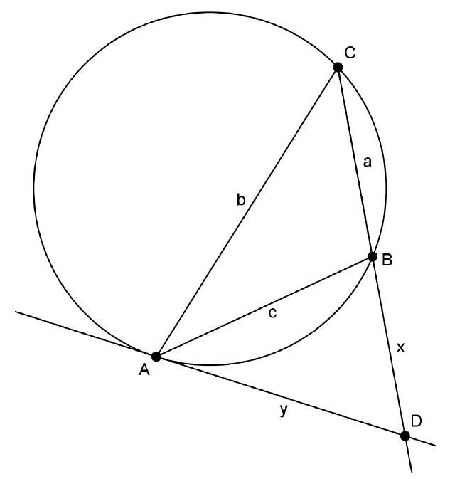 A triangle ABC with its circumcircle, a tangent at A, and a point D where the tangent meets line BC. Sides are labeled a, b, c, and segments x and y are marked.