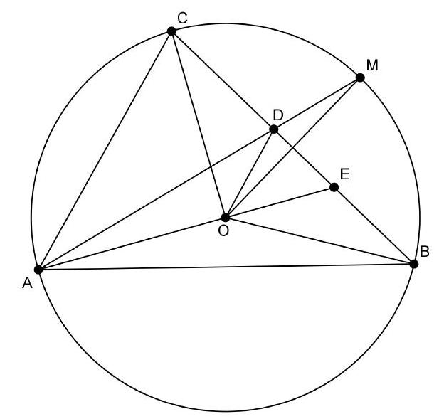 A diagram of triangle ABC inscribed in a circle, with points D, E, M, and O marked. D is on BC, E is the intersection of AO with BC, M is on the circumcircle, and O is the center.