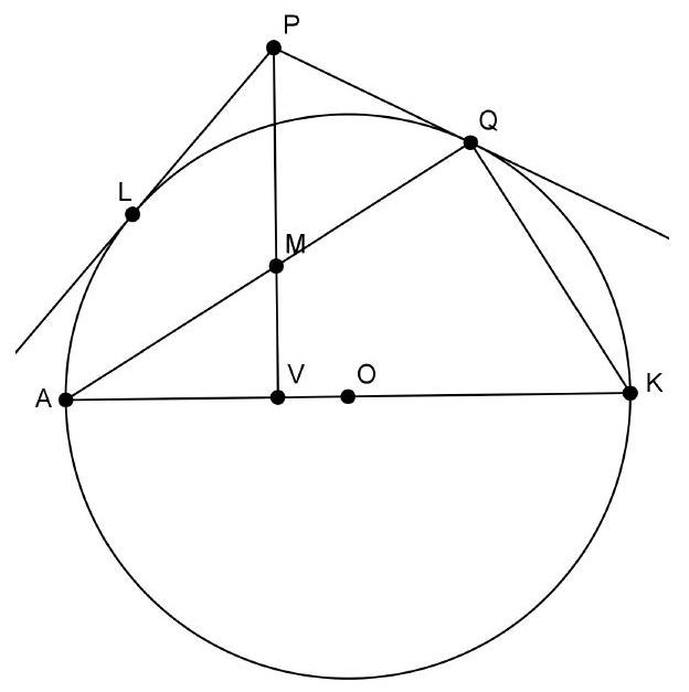 A circle with diameter AK, center O, and points M, Q, P, L, and V marked. Chords and tangents are drawn, including AM, AQ, tangent at Q through P, and tangent PL at L.