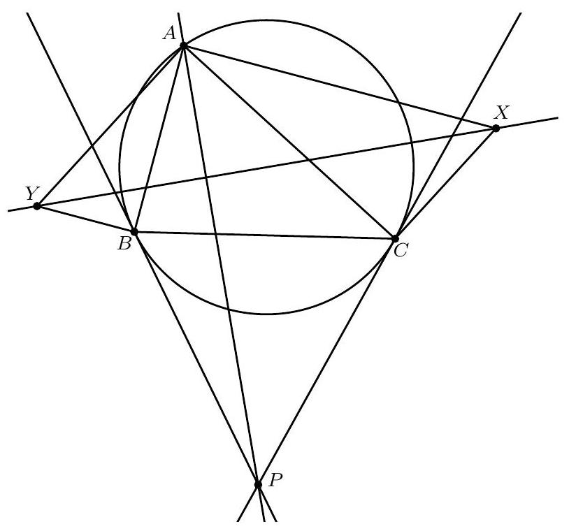 A geometric diagram showing triangle ABC with its circumcircle, tangents at B and C meeting at P, and points X and Y constructed as intersections of perpendiculars from A, B, and C.