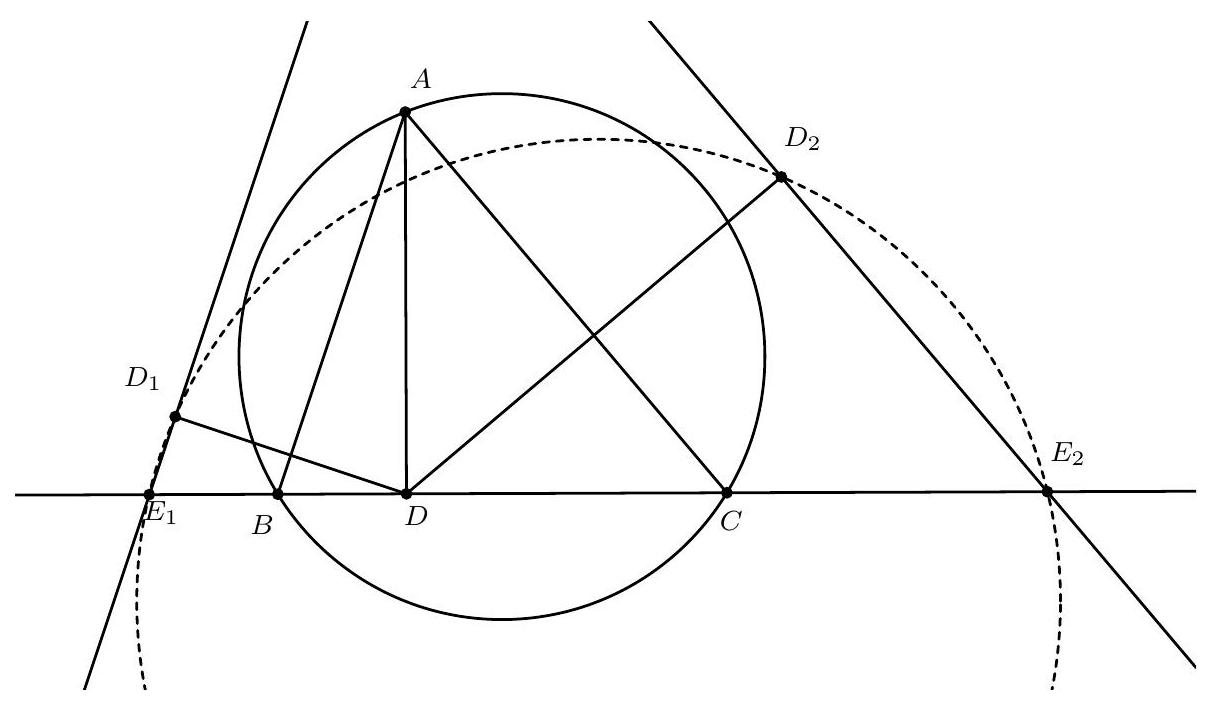 A geometric diagram showing triangle ABC with its circumcircle, the foot D of the altitude from A to BC, the reflections D1 and D2 of D over AB and AC, and points E1 and E2 on BC as described in the problem.