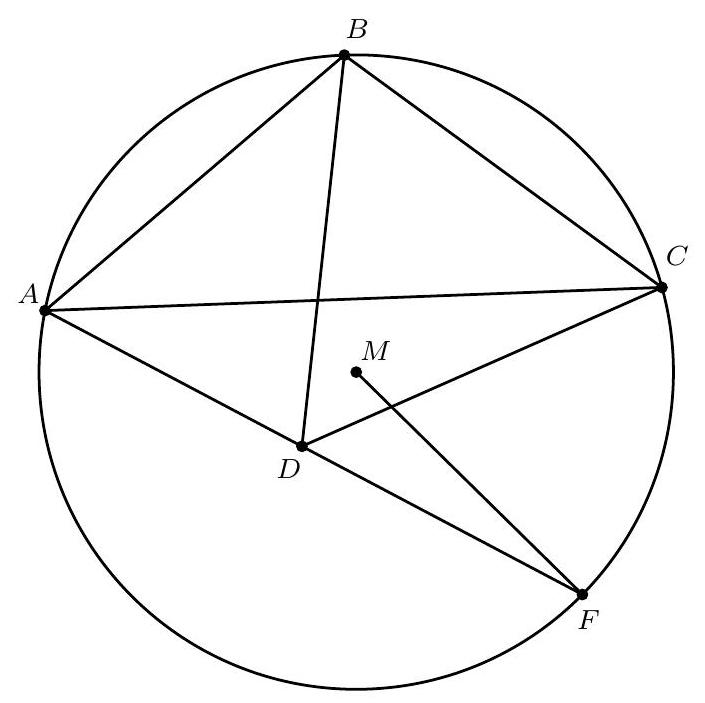 A circle with center M, points A, B, and C on the circumference, and point D inside the circle such that triangle BCD is equilateral. Chord AD is extended to meet the circle again at F, and line segments are drawn connecting M, F, and C.