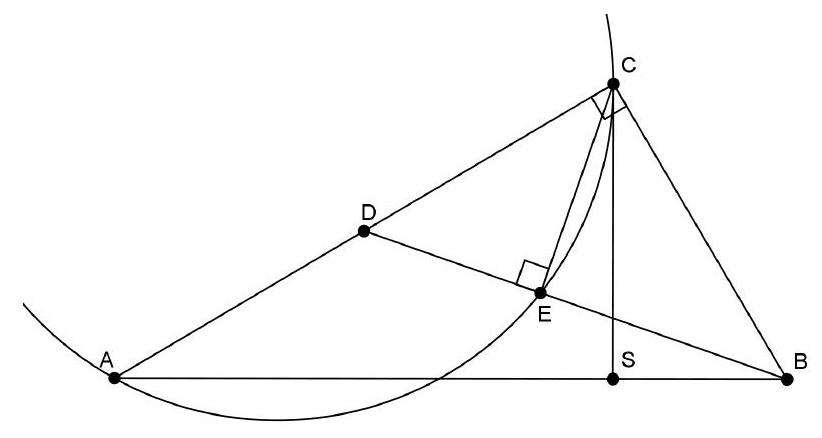 A geometric diagram showing triangle ABC with right angle at C, midpoint D on AC, point E as the foot of the perpendicular from C to BD, and tangent and circle arcs related to the problem.