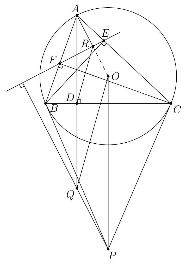 A geometric diagram showing triangle ABC with its circumcircle, altitudes, feet of altitudes D, E, F, points O, P, Q, and R, and several lines including AD, EF, and perpendiculars as described in the problem.