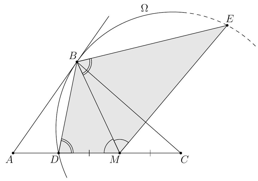A geometric diagram showing triangle ABC with point D on AC, M as the midpoint of CD, a circle Omega passing through B and D and tangent to AB, and point E on Omega. Several angles and segments are marked.