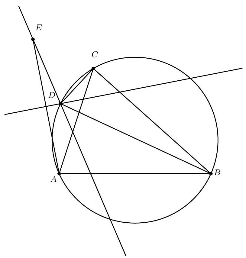 A geometric diagram showing triangle ABC inscribed in a circle, with a point D on arc AC, its reflection E across the angle bisector of angle BDC, and lines DE and BC drawn.