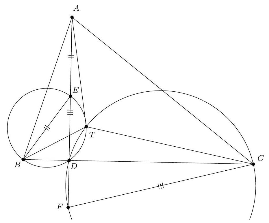 A geometric diagram showing triangle ABC with altitudes, points D, E, F on AD, and point T such that several circles and perpendiculars are drawn, illustrating the configuration described in the problem.