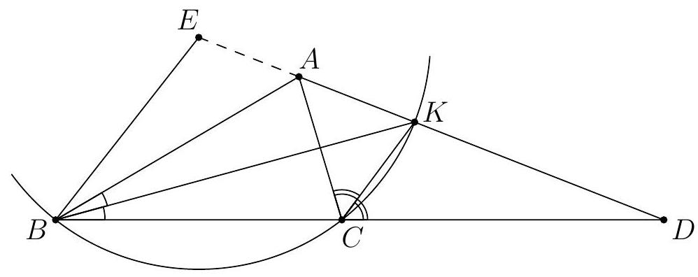 A geometric diagram showing triangle ABC with points K, D, and E constructed; K is the excenter opposite B, D is the intersection of AK and BC, and E is the circumcenter of triangle BKC. Relevant lines and arcs are drawn.