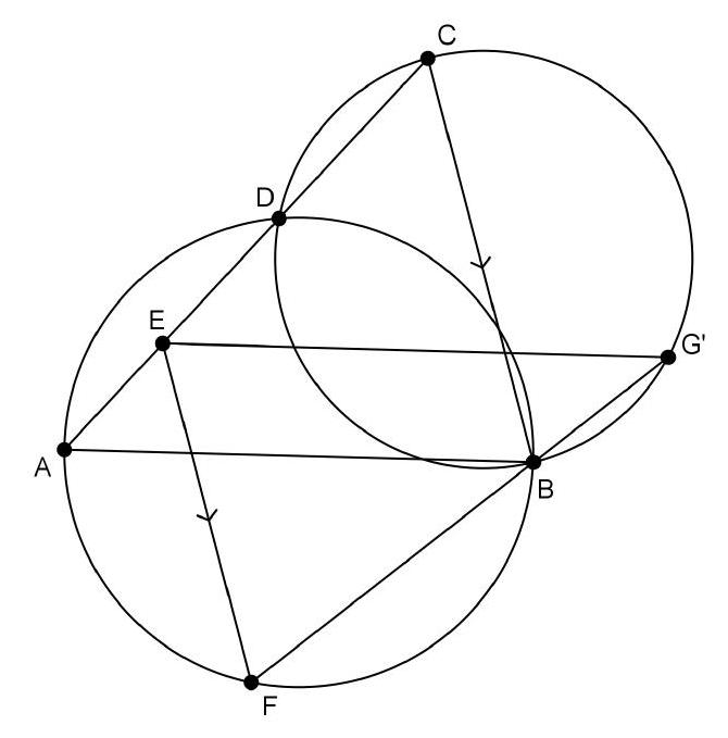 A geometric diagram showing triangle ABC with points D and E on side AC, two circles passing through ABD and BCD, and points F and G' marked as intersections with lines through E parallel to BC and AB, respectively.