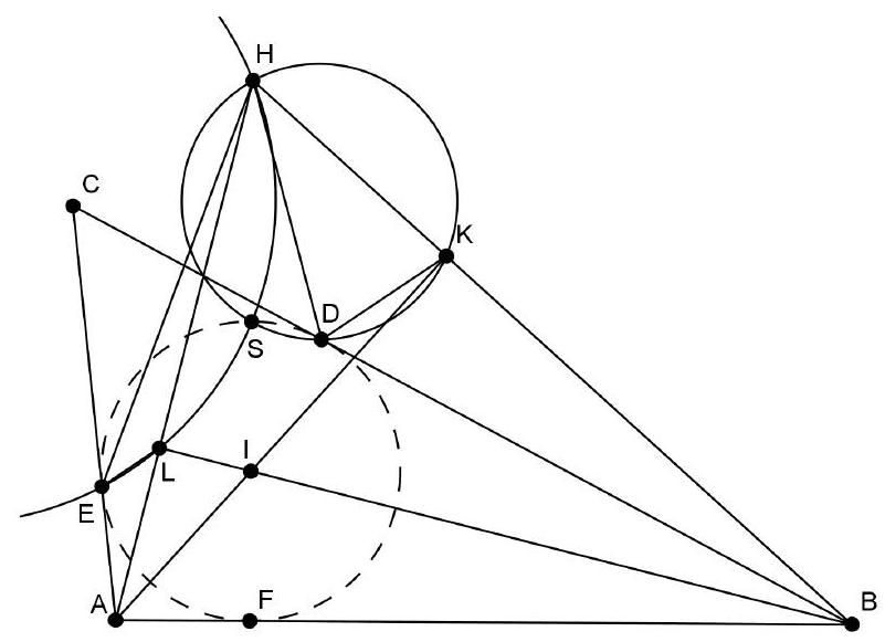 A geometric diagram of triangle ABC with incircle centered at I, tangent points D, E, F, and points H, K, L, and S marked. Several lines and two circles are drawn, illustrating the configuration described in the problem.