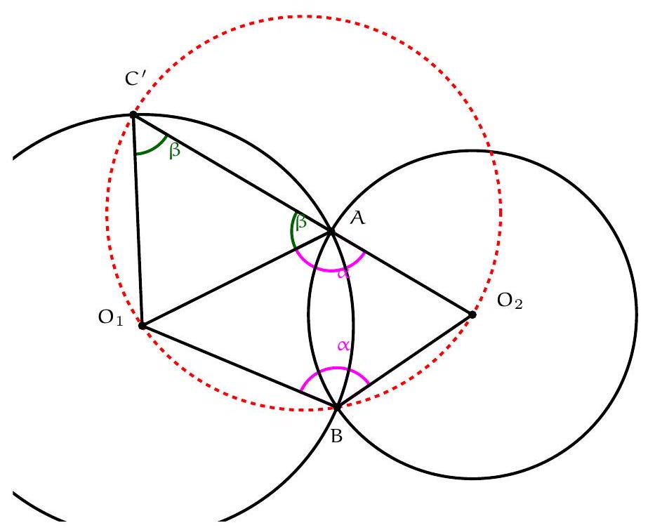Two intersecting circles with centers O1 and O2, intersecting at points A and B. A third circle passes through O1, O2, and B, intersecting the first circle again at C'. Angles are marked at A and B, and key points are labeled.