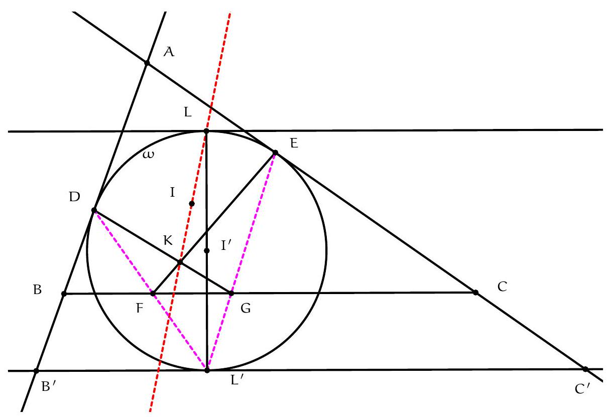 A geometric diagram showing triangle ADE with an inscribed circle tangent to AD and AE at D and E, and points B, C, F, G, K, L, L', B', and C' labeled, with several lines and tangents drawn.