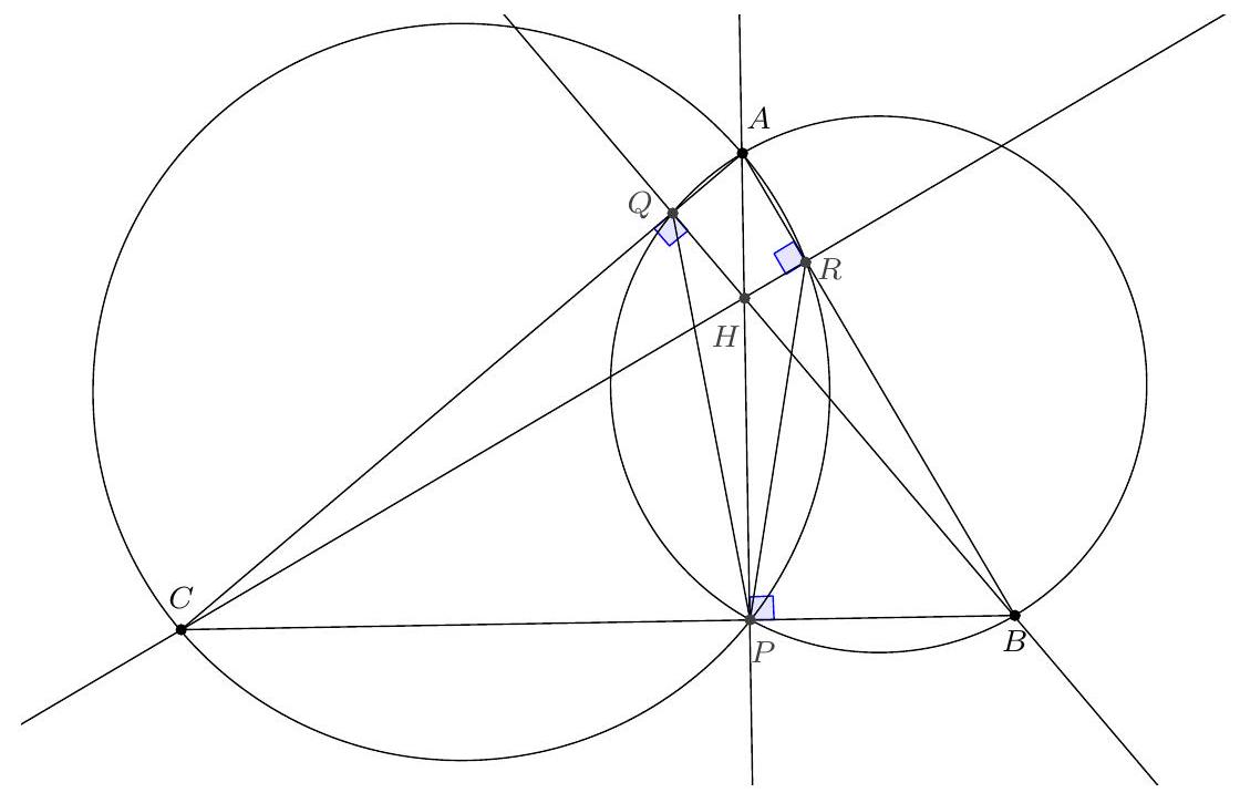 A triangle ABC with its orthocenter H and the feet of the altitudes P, Q, and R. Circles are drawn through various points, and right angles are marked at the feet of the altitudes.