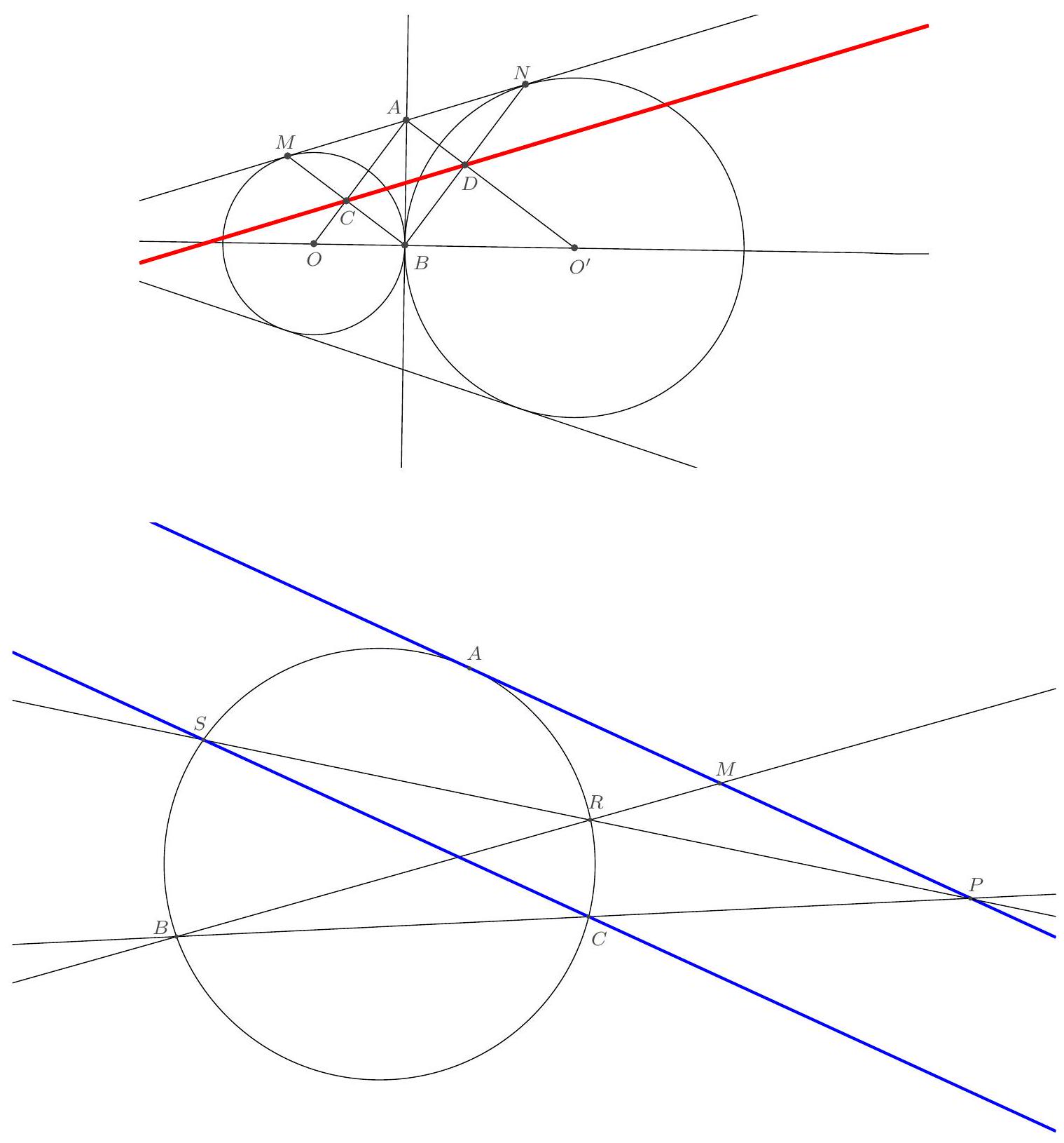 Two geometric diagrams: the top shows a triangle inscribed in a circle with tangents and labeled points A, B, C, M, N, D, O, O'; the bottom shows a triangle inscribed in a circle with points A, B, C, M, P, R, S and lines AP, BM, PR, and CS drawn.