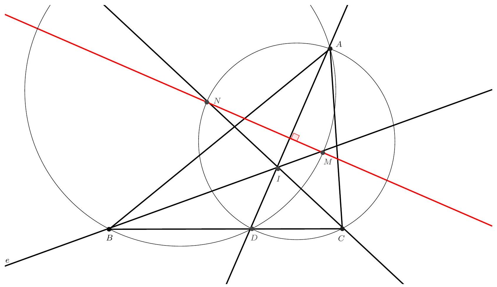 A geometric diagram showing triangle ABC with incenter I, incircle, point D on BC where AI meets BC, the perpendicular bisector of AD, and points M and N where this bisector meets BI and CI respectively. The points A, I, M, and N are highlighted.