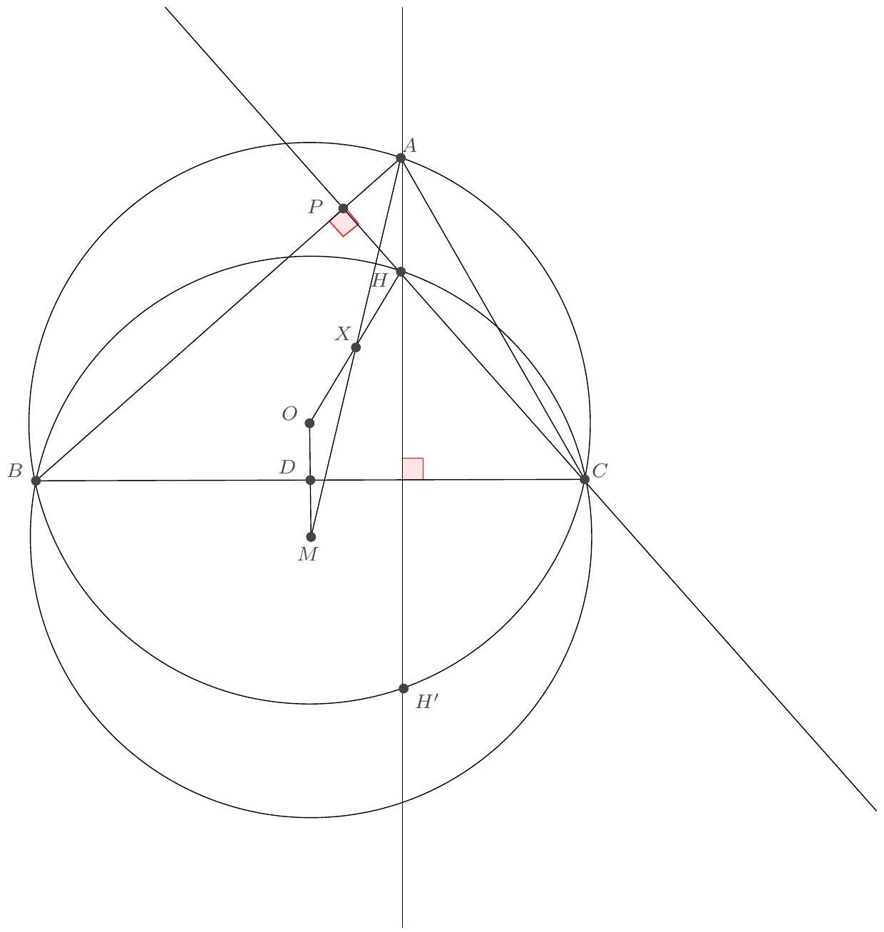 A geometric diagram showing triangle ABC with its orthocenter H, circumcenter O, and several circles including the circumcircle of ABC and the circle through H, B, and C. Points M, D, P, X, and H' are also labeled, with perpendiculars and lines drawn through various points.