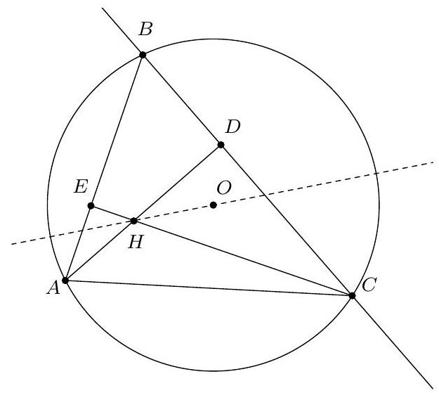 A triangle ABC inscribed in a circle with points D and E on sides BC and AB, respectively. The altitudes AD and CE intersect at H, and the circumcenter O is marked inside the circle. A dashed line passes through O.
