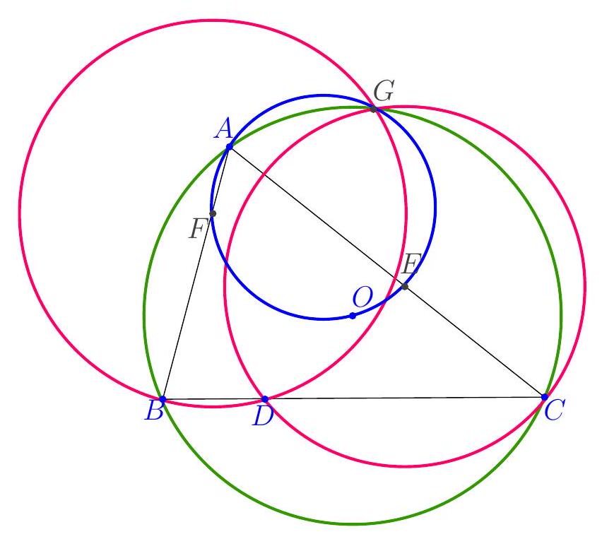 A geometric diagram showing triangle ABC with circumcenter O, points D on BC, E on CA, F on AB, and circles centered at F and E intersecting at G. Several points and circles are labeled.