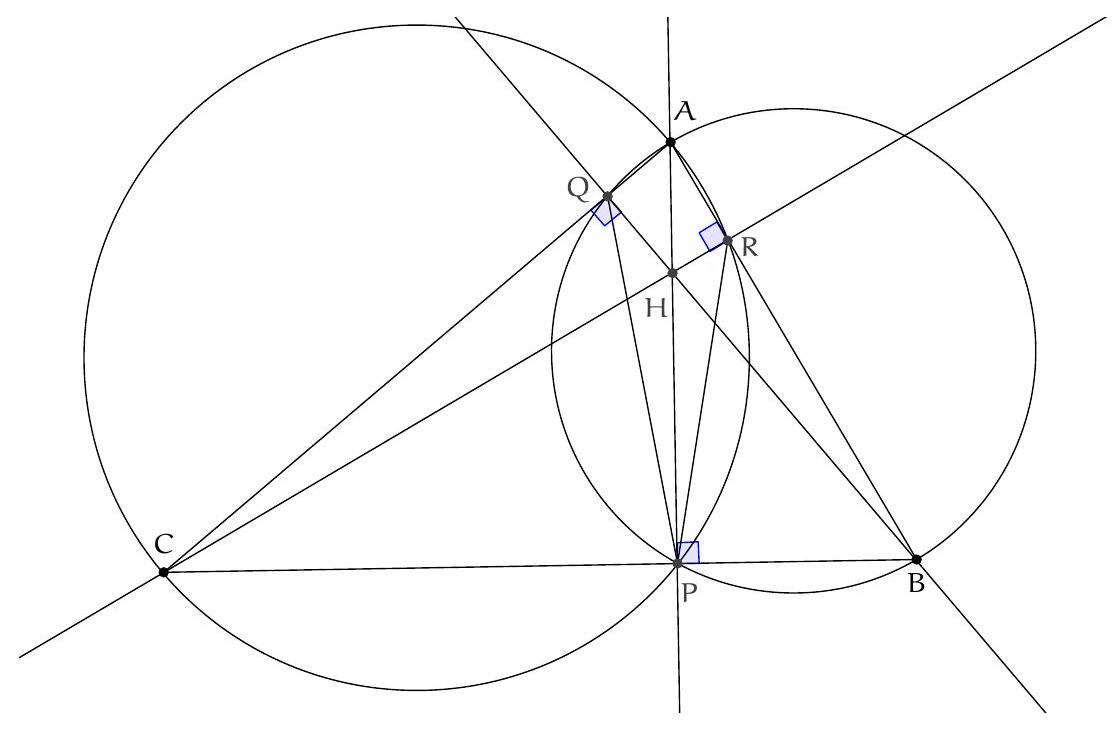 A triangle ABC with altitudes drawn from each vertex, meeting at the orthocenter H. The feet of the altitudes are labeled P, Q, and R. Two circles are shown: one passing through A, B, Q, and P, and another through A, C, P, and R. Right angles are marked at the feet of the altitudes.