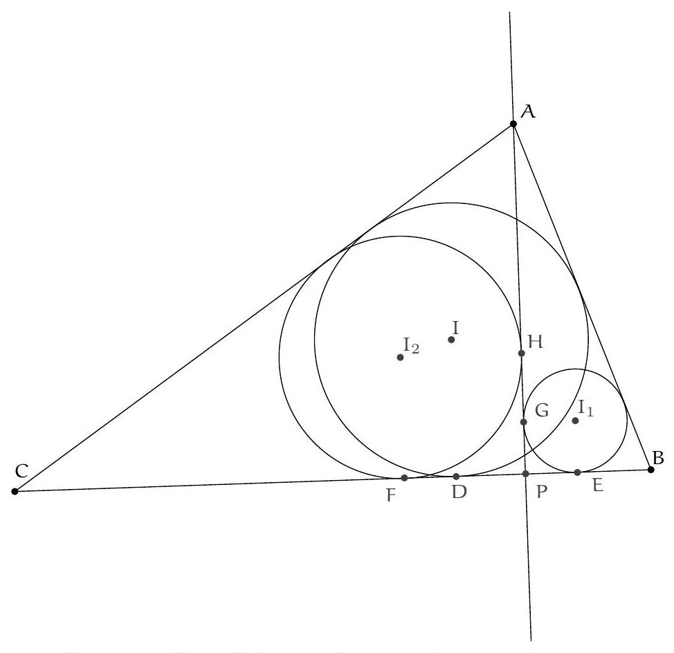 A triangle ABC with inscribed circles in triangles ABC, ABP, and ACP. The centers I, I1, and I2 are marked, as well as points D, E, F, G, H, and P on the sides and altitudes.