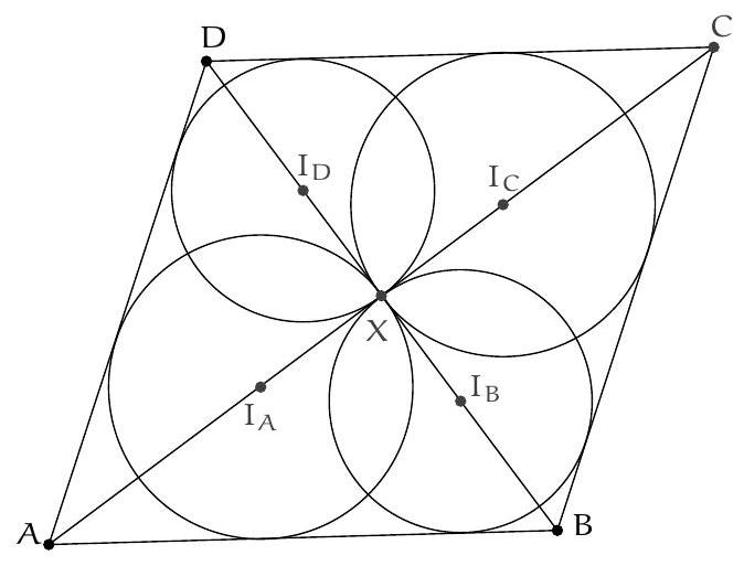 A convex quadrilateral ABCD with its four triangles' incircles drawn, all tangent at a common point X. The centers of the incircles are labeled I_A, I_B, I_C, and I_D.