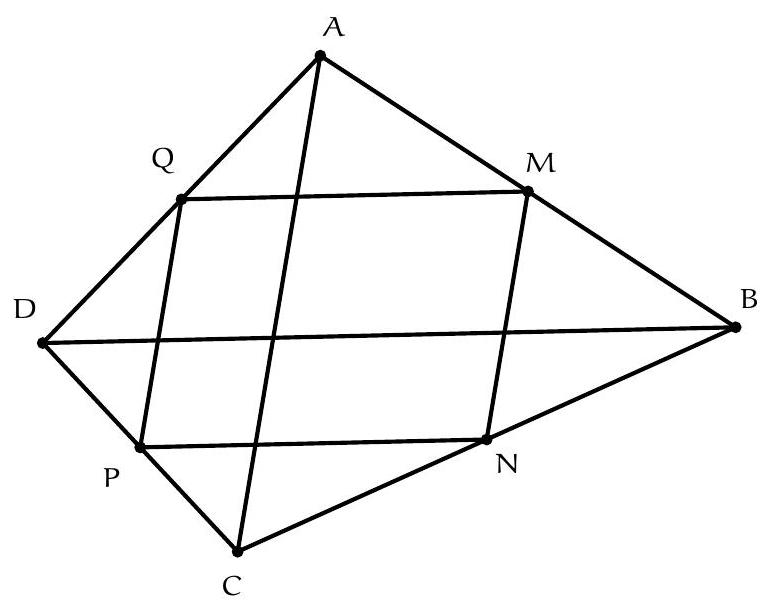 A quadrilateral ABCD with points M, N, P, and Q marked as the midpoints of sides AB, BC, CD, and DA, respectively. The quadrilateral MNPQ is drawn inside ABCD.