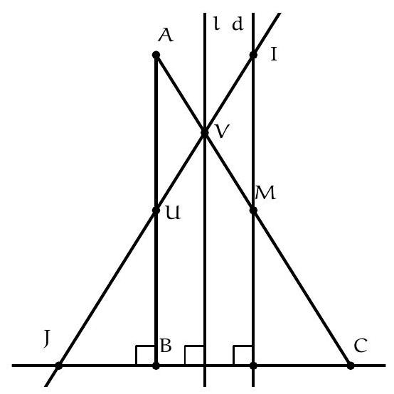 A geometric diagram showing triangle ABC right-angled at B, with points M, U, V, I, and J marked, and several lines including medians, perpendiculars, and intersections as described in the problem.