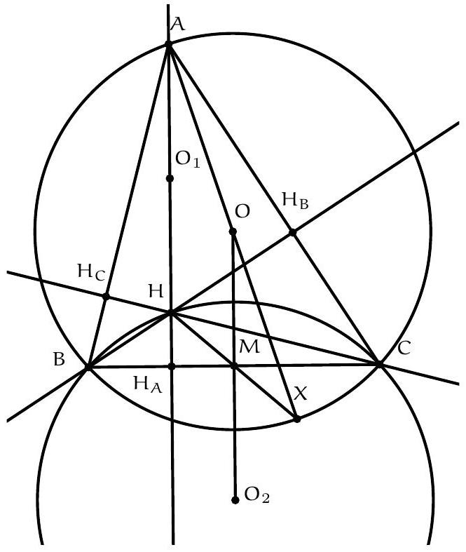 A geometric diagram showing triangle ABC with circumcircle, orthocenter H, midpoints M and O1, center O2 of the circumcircle of triangle CBH, and several auxiliary points and lines including altitudes and a second circle through B, C, and H.