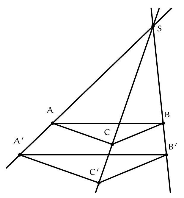 A geometric diagram showing three concurrent lines meeting at point S, with points A and A' on one line, B and B' on another, and C and C' on the third. Lines AB and A'B', as well as BC and B'C', are drawn and appear parallel.