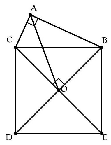 A square BCDE with its diagonals intersecting at O, and a point A outside the square such that triangle ABC is right-angled at A. The figure shows the relevant points and right angles.